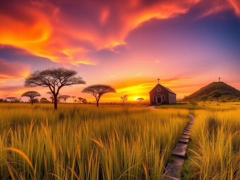 Flick International Panoramic view of a vibrant African landscape with acacia trees and a modern church at sunset