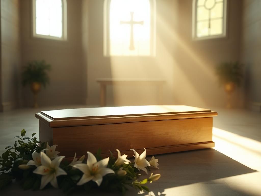 Flick International simple wooden coffin surrounded by white lilies in serene chapel