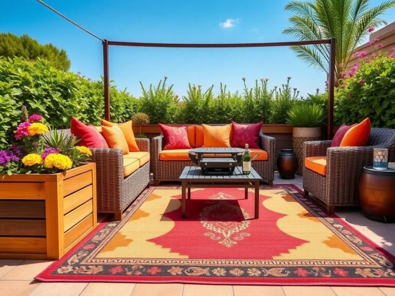 Flick International Vibrant outdoor patio setup featuring wicker seating, colorful cushions, and lush greenery