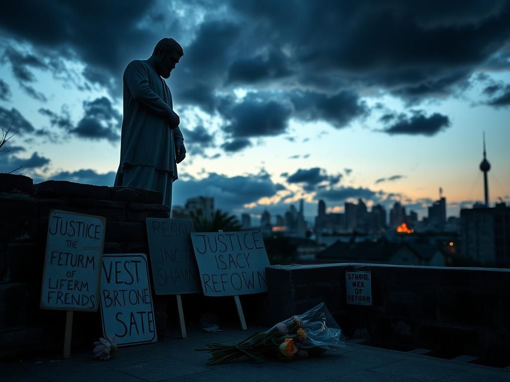 Flick International A dramatic urban landscape at dusk featuring a martyr statue symbolizing social justice.