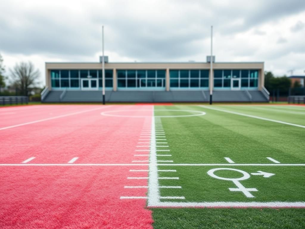 Flick International A divided sports field illustrating the debate on transgender athletes competing in girls' sports.