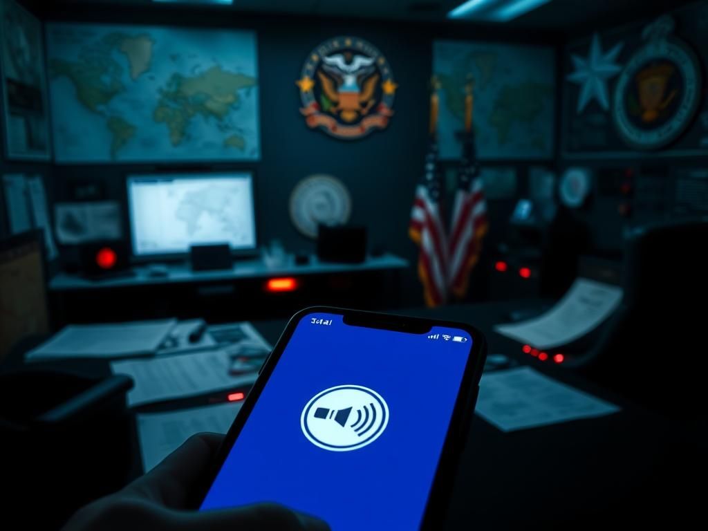 Flick International Dimly lit military command center with smartphone showing Signal app