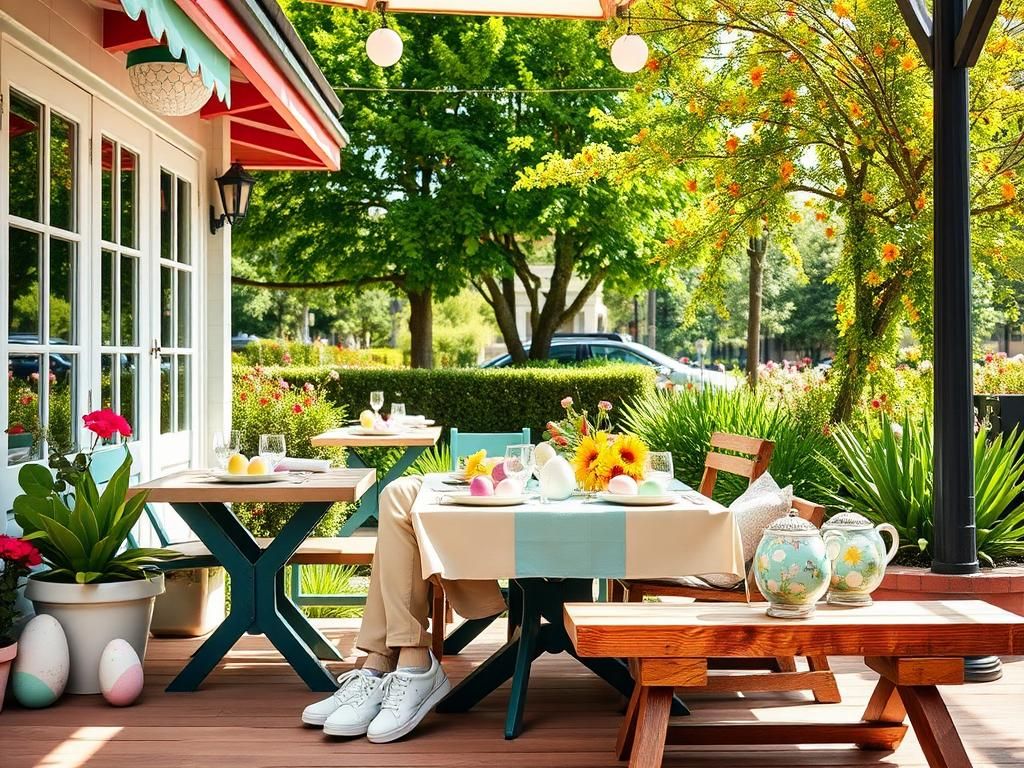 Flick International A vibrant Easter-themed restaurant patio in West Hollywood with festive decorations