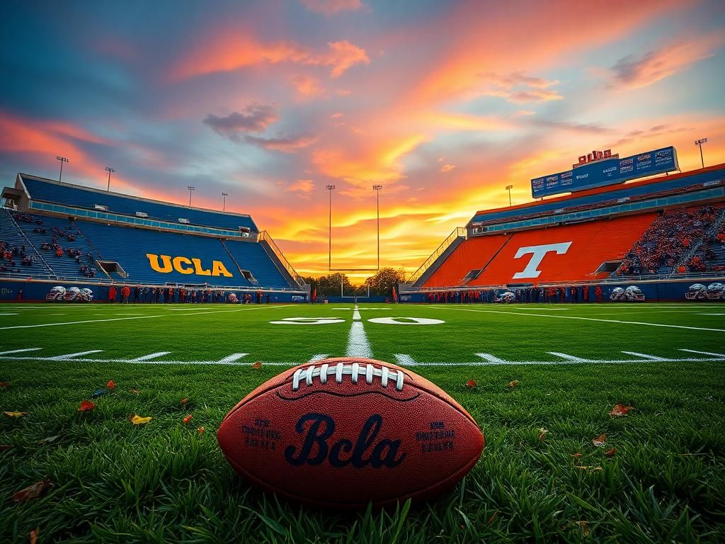 Flick International Two empty football fields representing UCLA and Tennessee under a vibrant sunset sky