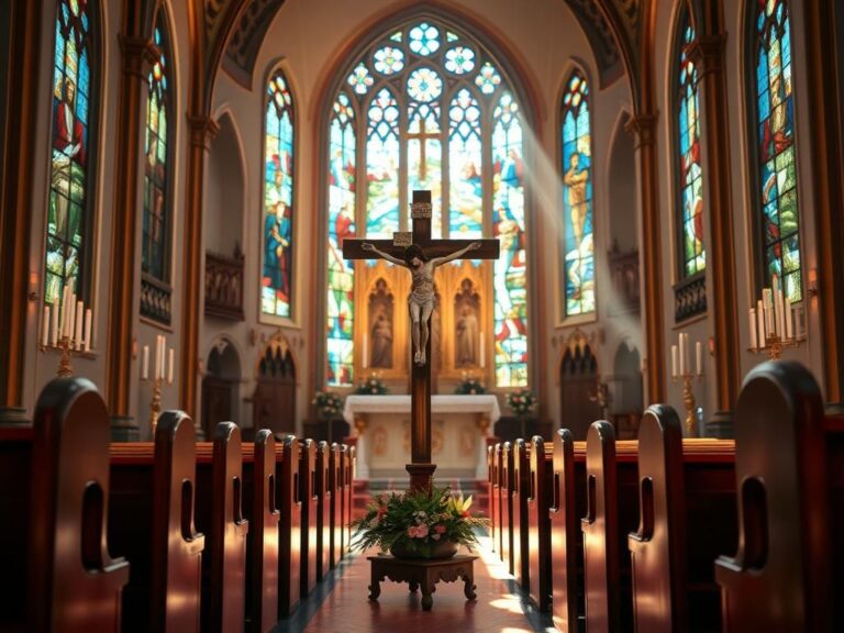 Flick International Interior of a Catholic church with a beautiful altar and stained glass windows