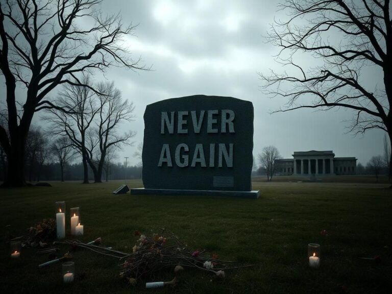 Flick International A solemn outdoor memorial scene with a 'Never Again' monument and bare trees under a gray sky.