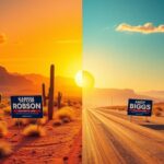 Flick International Split desert landscape depicting political rivalry in Arizona with lush cacti and barren terrain