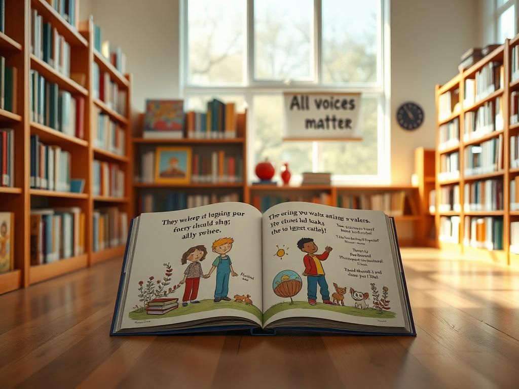 Flick International A well-organized elementary school library featuring colorful picture books with diverse themes and an open whimsical storybook.
