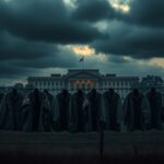 Flick International Conceptual artwork depicting empty military uniforms on a barbed wire fence near the Pentagon