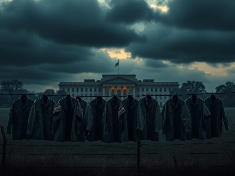 Flick International Conceptual artwork depicting empty military uniforms on a barbed wire fence near the Pentagon