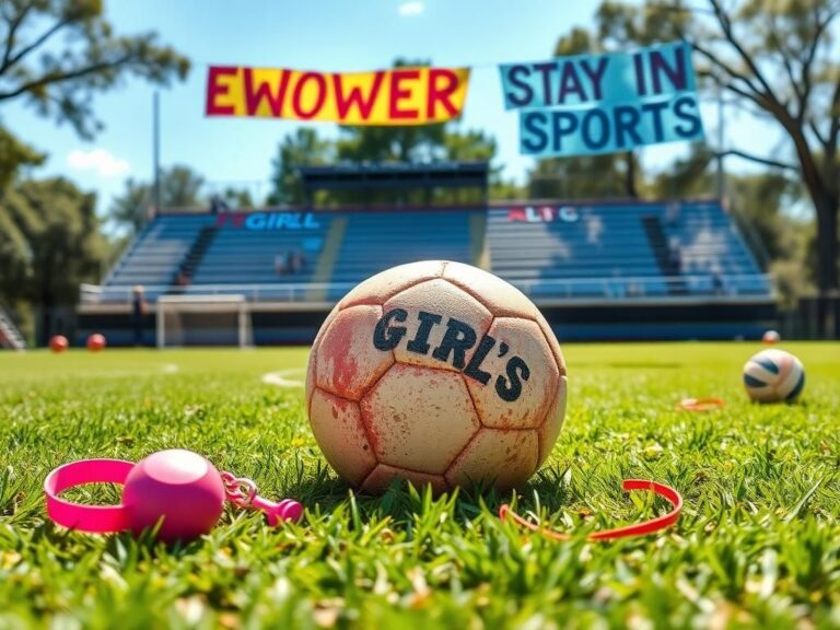 Flick International Vibrant soccer field with a football and pink whistle, symbolizing empowerment in youth sports