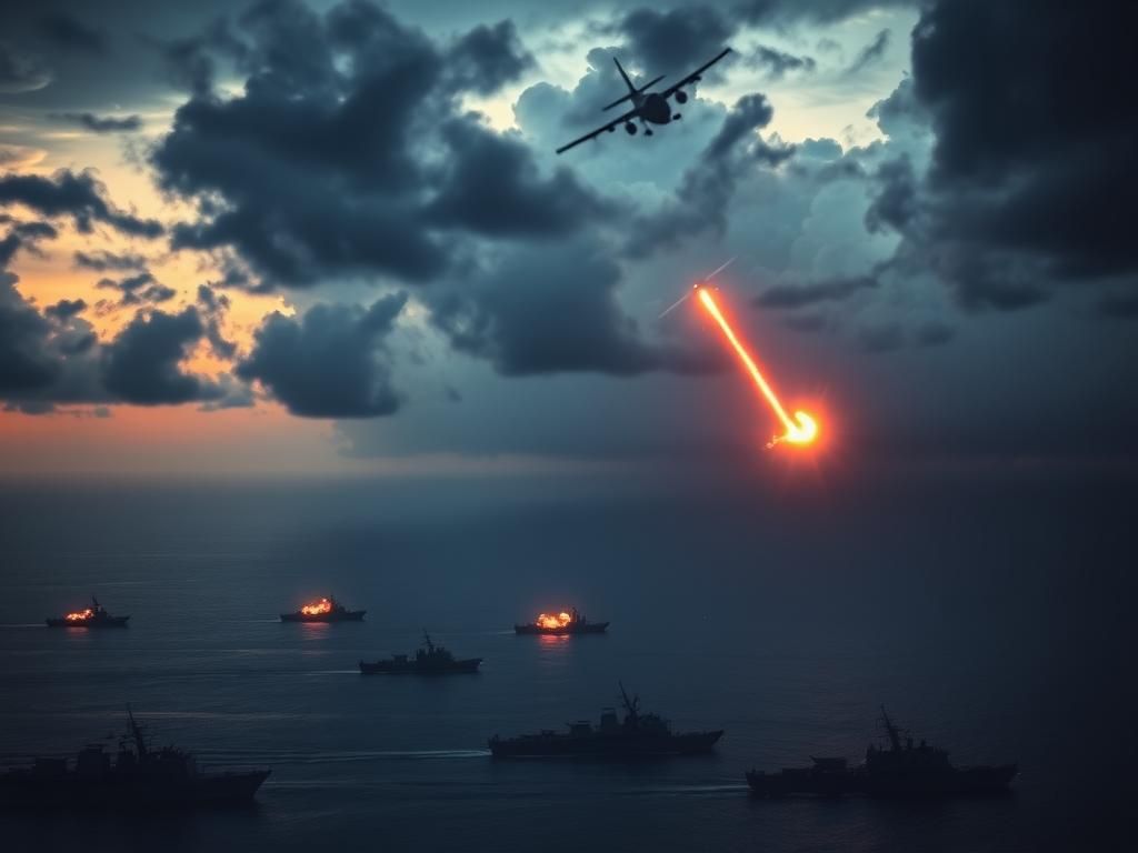 Flick International Aerial view of military vessels and aircraft in the Red Sea during twilight