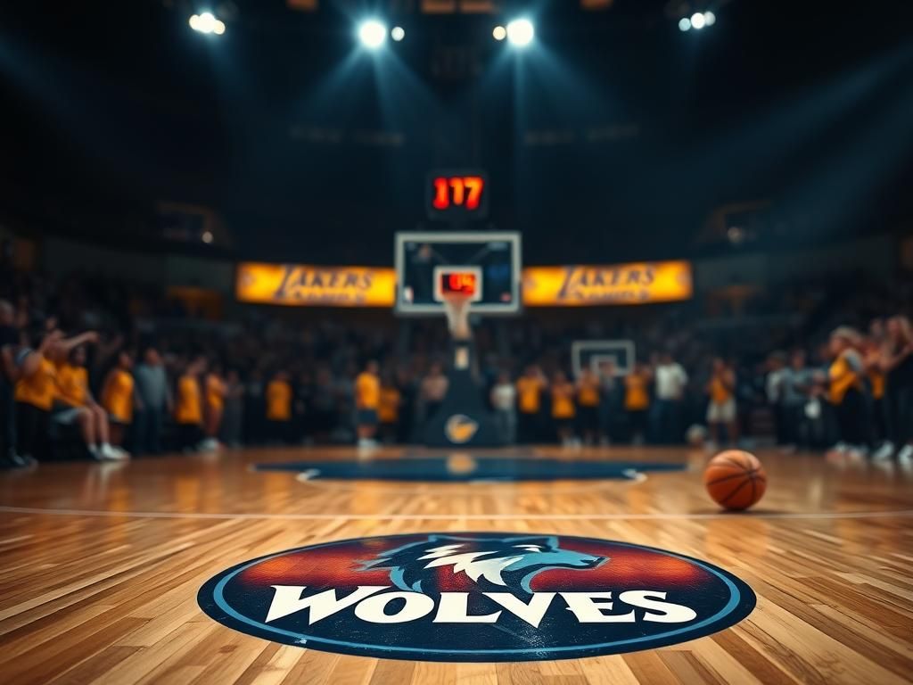 Flick International Dramatic basketball court scene featuring the Minnesota Timberwolves logo and blurred fans in Lakers colors