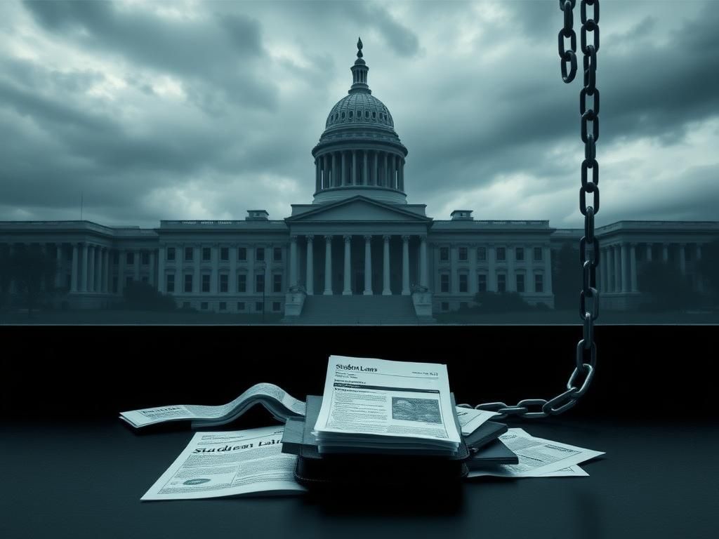 Flick International Silhouette of a government building under an overcast sky with bills and overdue notices on an empty desk, symbolizing student loan debt.