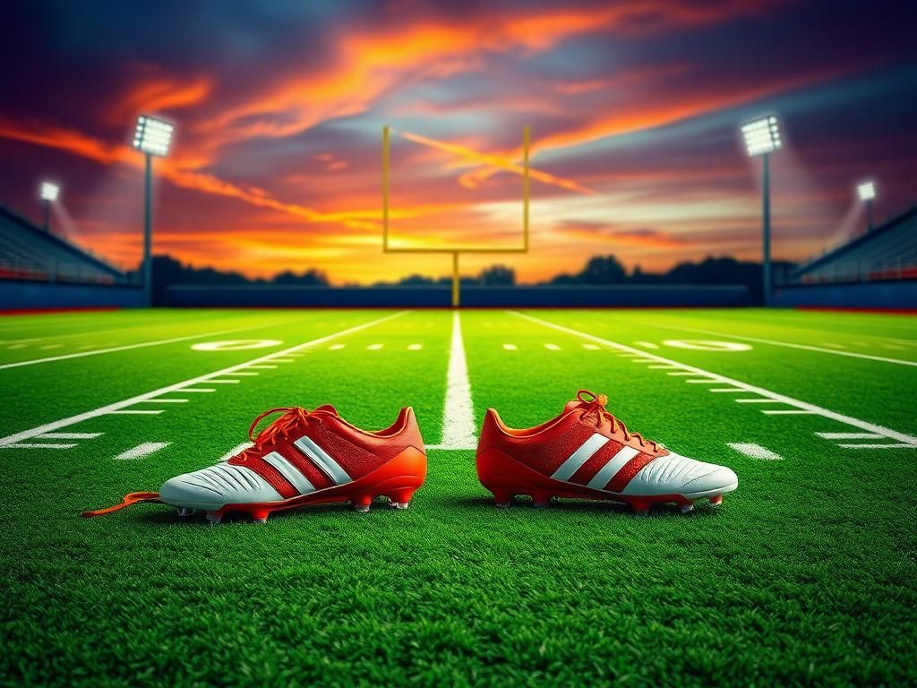 Flick International Dynamic football field scene at dusk with empty cleats symbolizing cornerback and wide receiver positions