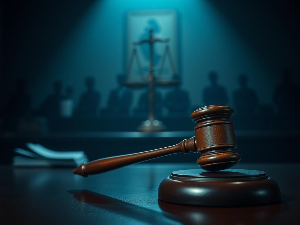 Flick International An ornate wooden gavel resting on a polished desk in a dimly lit courtroom environment