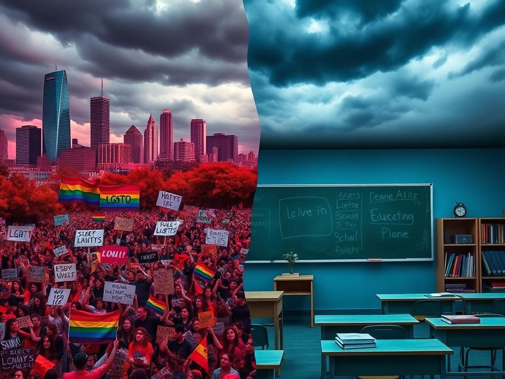 Flick International A dramatic split landscape illustrating the clash between social activism and traditional education values.