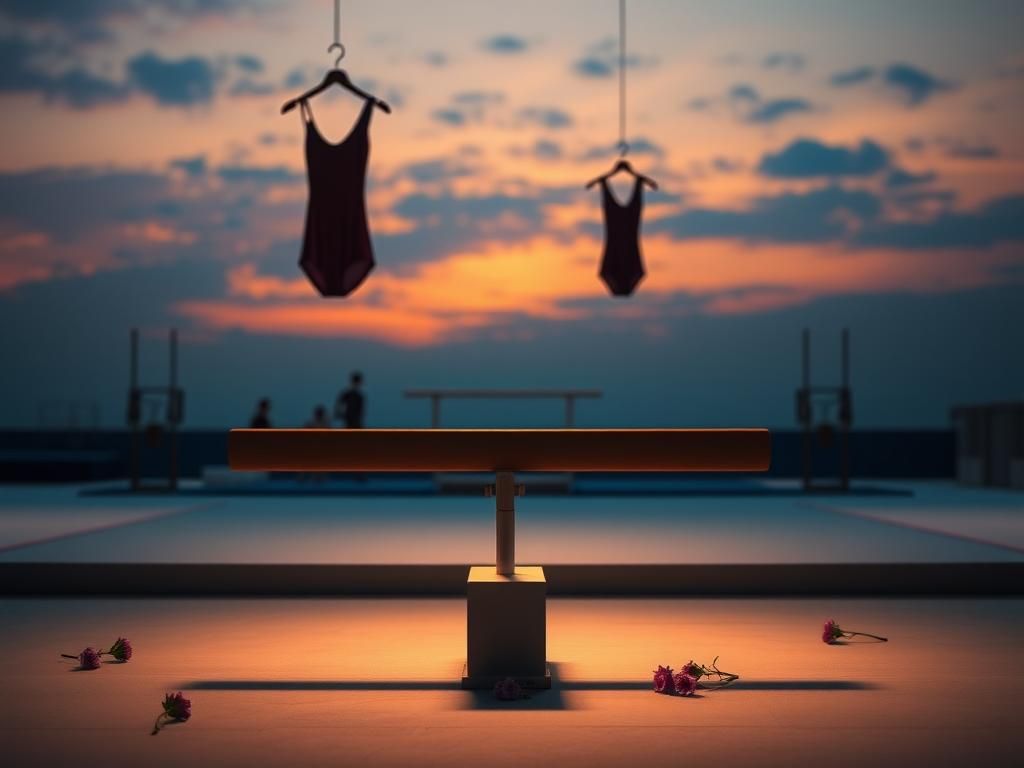 Flick International A serene gymnastics arena at sunset with an empty balance beam symbolizing farewell