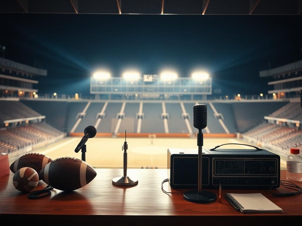 Flick International Empty commentator's booth with microphones and sports memorabilia
