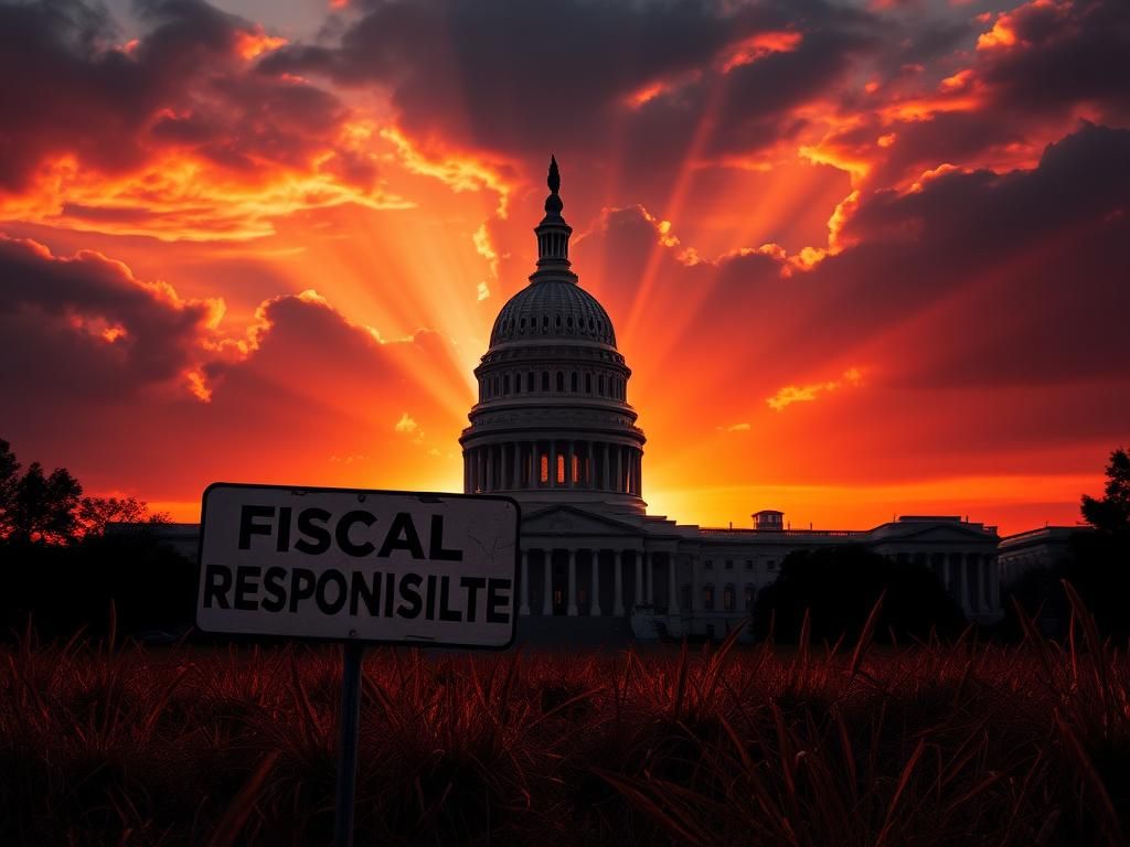 Flick International Abstract representation of a government building silhouetted against a vibrant sunset