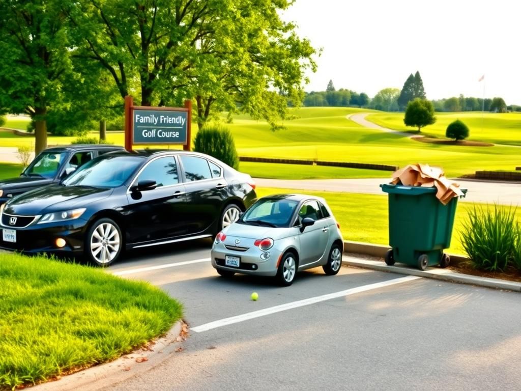 Flick International View of a California golf course parking lot with parked cars and a recycling dumpster