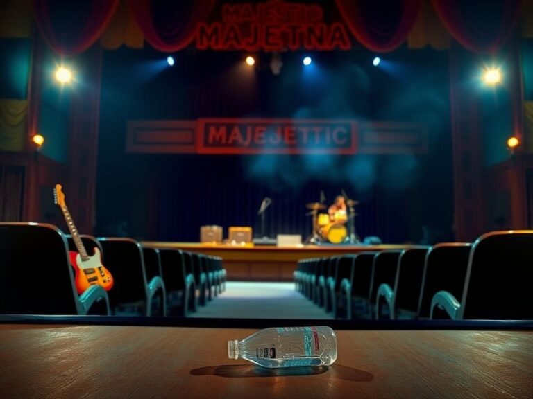 Flick International Dimly lit concert stage at the Majestic Theatre with vibrant musical instruments and a forgotten water bottle