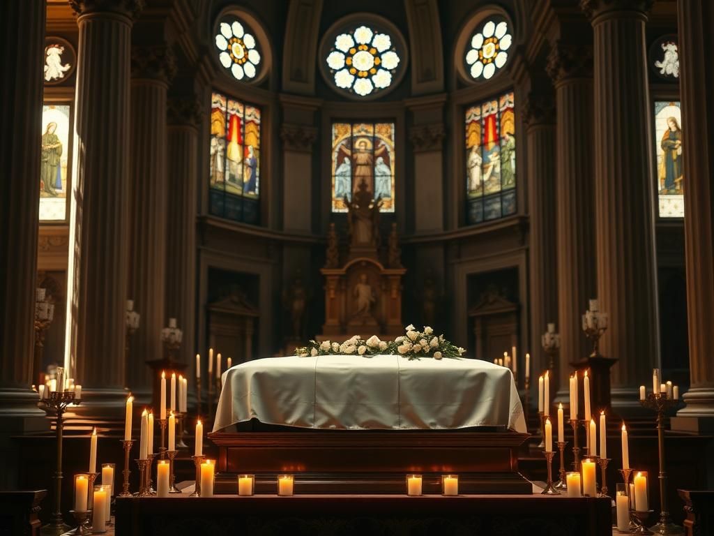 Flick International A serene interior of the Basilica of Santa Maria Maggiore featuring a simple wooden casket for Pope Francis.