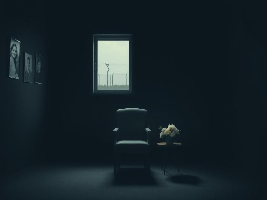 Flick International A somber room with an empty chair symbolizing loss and mourning