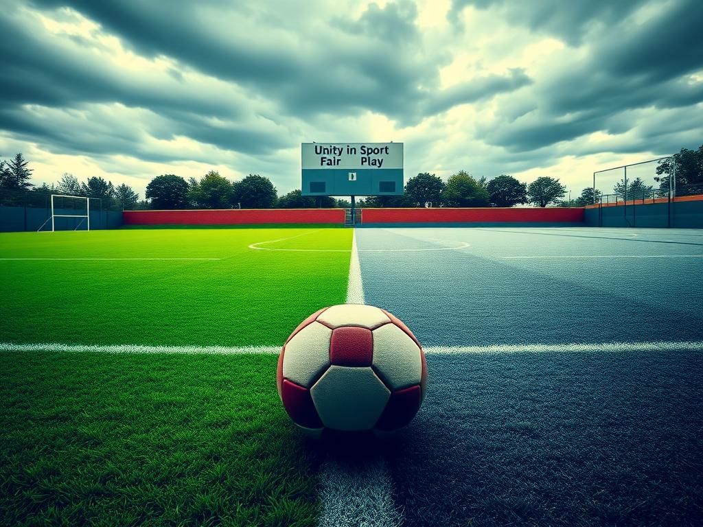 Flick International A football resting on a divided sports field symbolizing the debate on trans athletes in women's sports