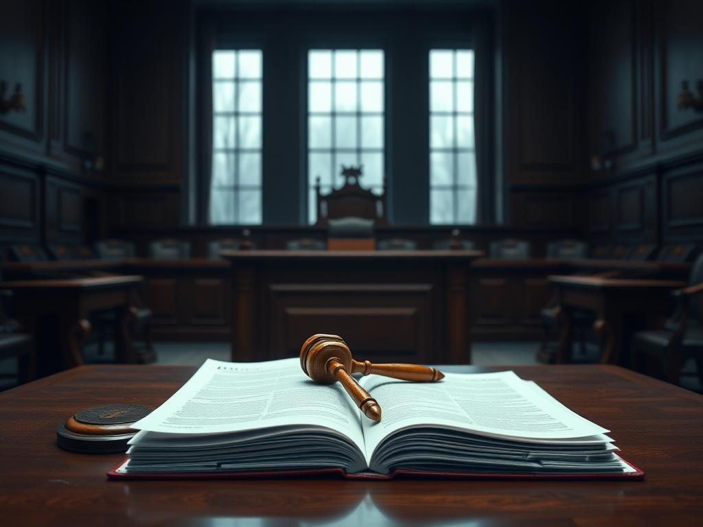 Flick International Somber courtroom scene with judge's bench and open legal file