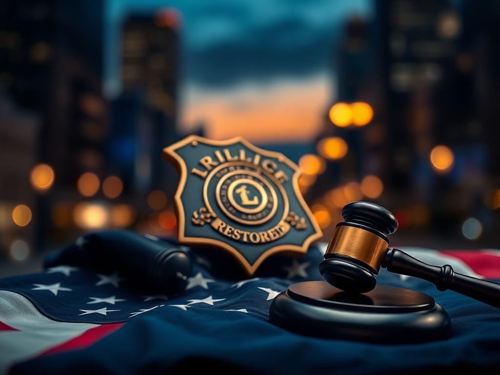 Flick International Police badge resting on an American flag with a blurred cityscape background