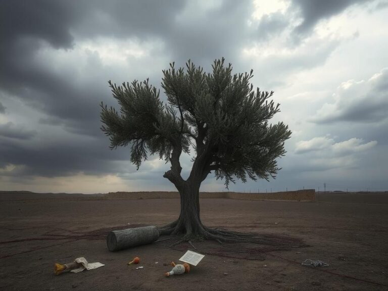 Flick International A solitary olive tree symbolizing resilience in a desolate landscape reflecting captivity's harsh realities
