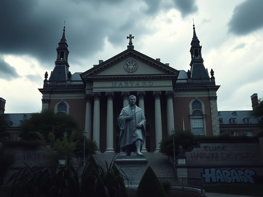 Flick International A grand view of Harvard University's Gothic architecture under dark storm clouds