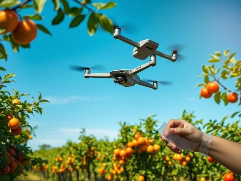 Flick International A sleek autonomous drone hovering over a fruit orchard filled with ripe fruits