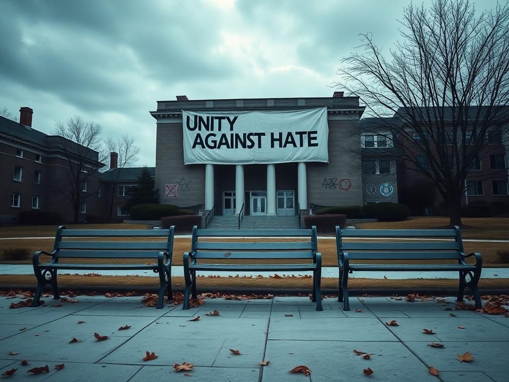 Flick International Empty college campus scene with 'Unity against Hate' banner