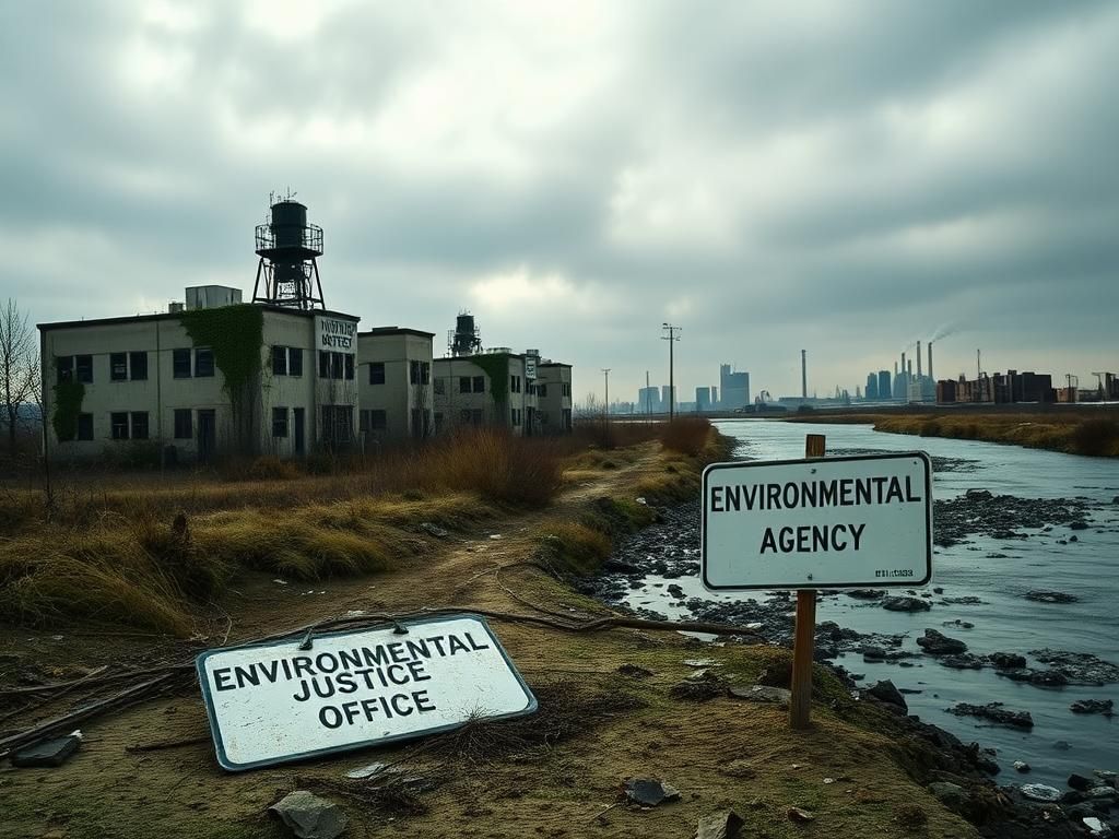 Flick International Abandoned Environmental Justice Office surrounded by overgrown weeds