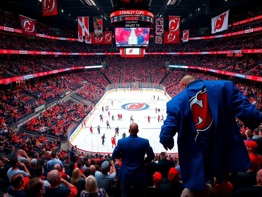Flick International Packed ice hockey arena during Stanley Cup playoff game with Bill Belichick's oversized suit