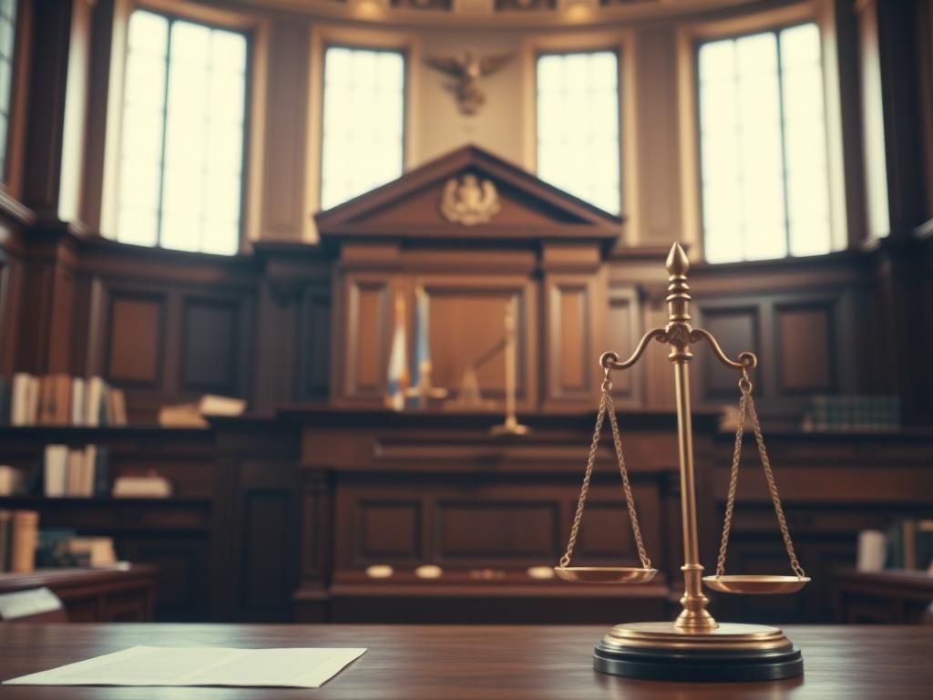 Flick International A courtroom scene with a wooden bench symbolizing justice and an intricate gavel