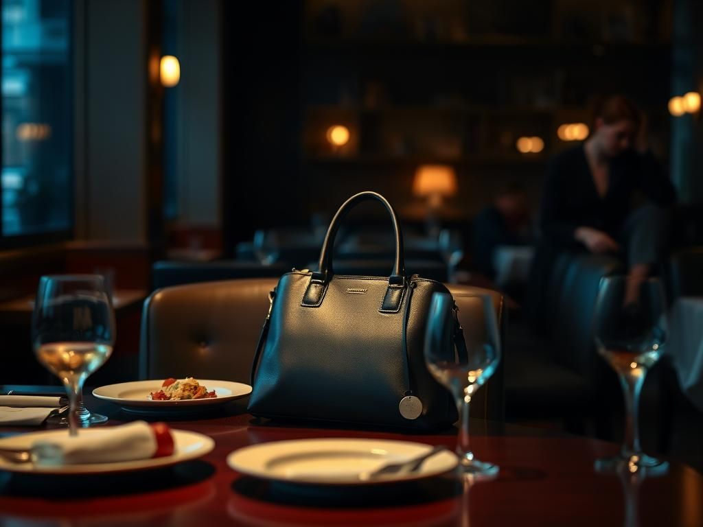Flick International Empty chair in a dimly lit restaurant with a stylish handbag left unguarded