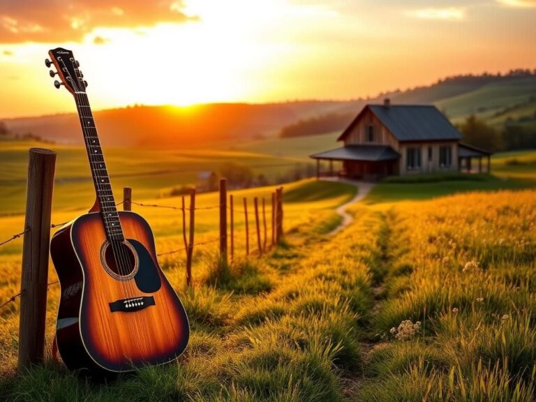 Flick International A serene rural landscape in Tennessee at sunset with a weathered acoustic guitar
