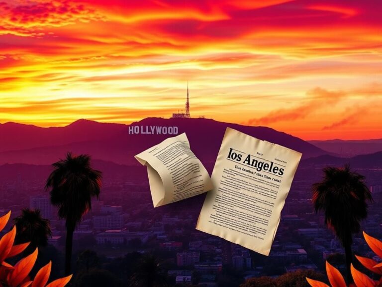 Flick International Colorful sunset over Los Angeles with the Hollywood sign and palm trees silhouetted against the vibrant sky