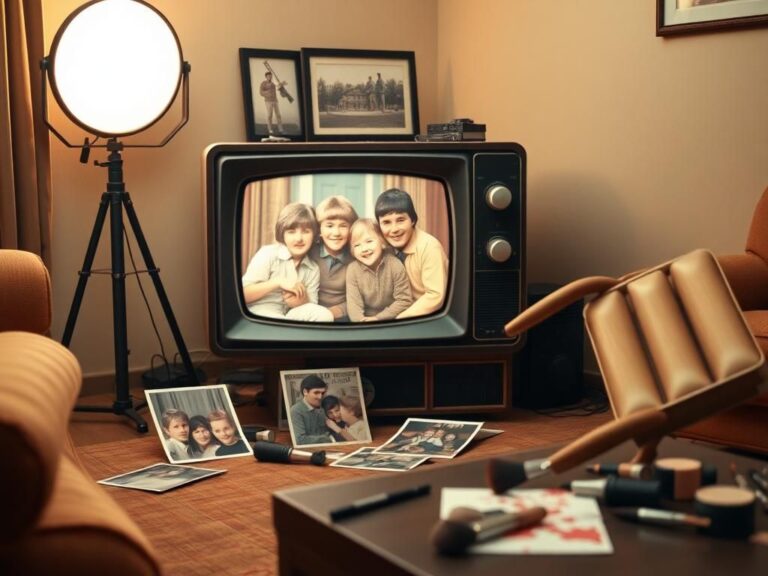 Flick International Vintage television set from the late 1960s in a cozy living room with scattered photographs and makeup supplies.