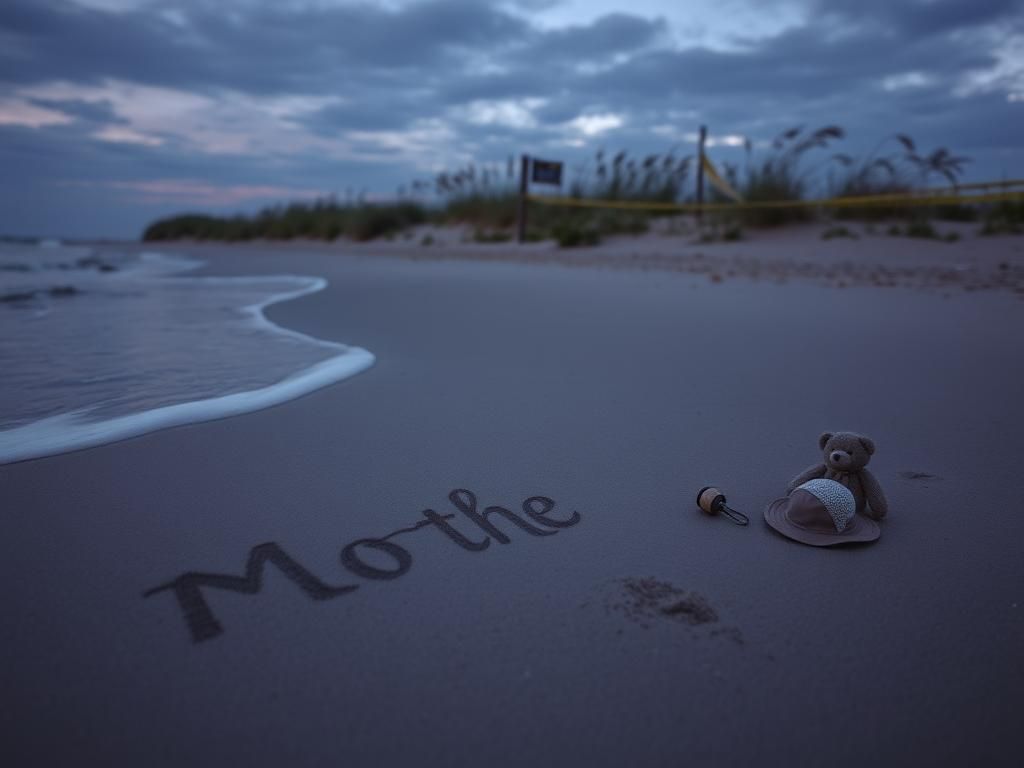 Flick International Beach landscape at dusk with symbolic tattoo design and worn toys representing lost identities