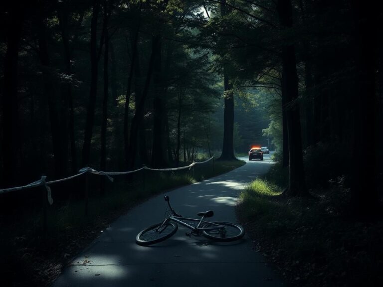 Flick International A secluded bike path in New England surrounded by dense forest and police tape.