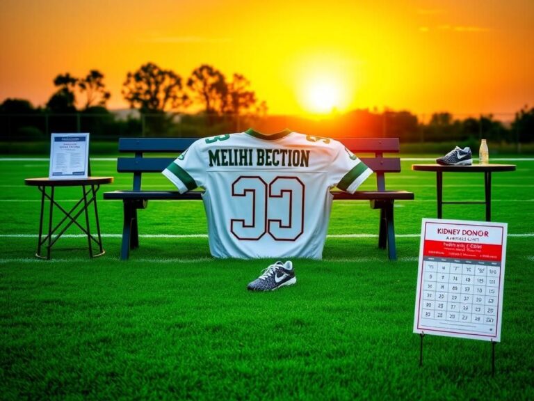 Flick International A vibrant green football field with an empty jersey and cleats highlighting Mekhi Becton's support for his mother's kidney transplant journey.