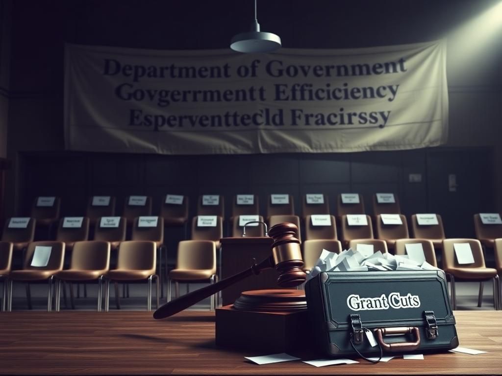 Flick International Empty courtroom with wooden gavel and stacked chairs symbolizing justice and austerity