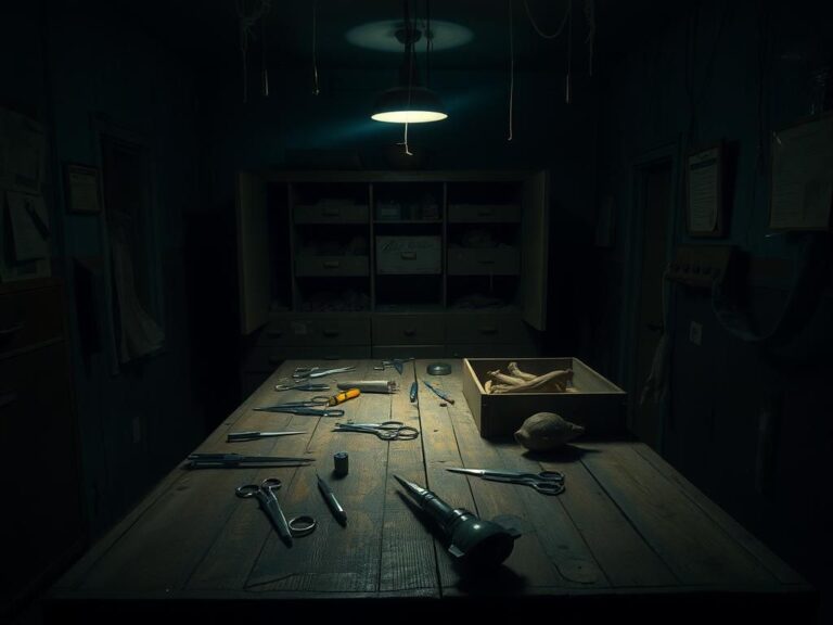 Flick International Dimly lit interior of a mortuary with a weathered worktable and medical instruments