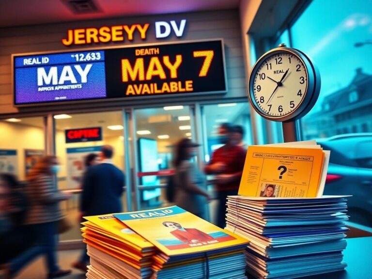 Flick International A busy New Jersey DMV showcasing 'REAL ID Emergency Appointments Available' on a digital display