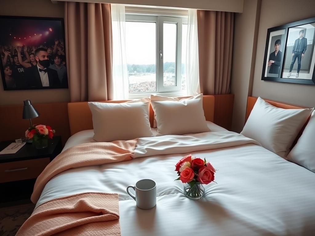 Flick International Cozy hotel room with romantic decor, featuring a king-sized bed and colorful flowers