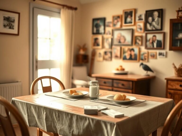 Flick International Cozy kitchen table for two with a simple meal and warm lighting